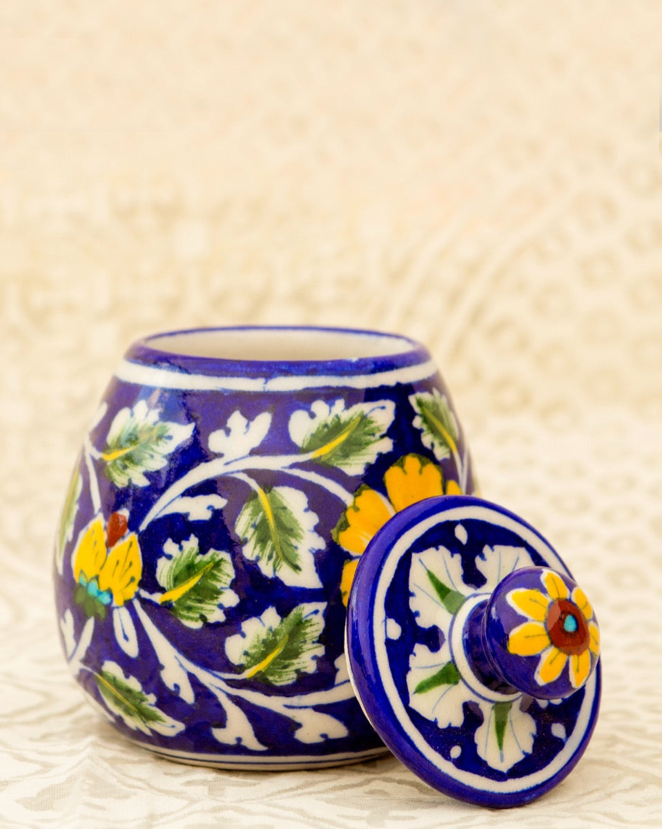 Blue Pottery- Floral Design Handcrafted Condiment Jar — false