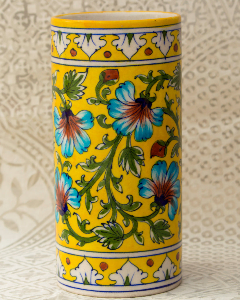 Blue Pottery- Handcrafted Cylindrical Vase(Yellow) — false