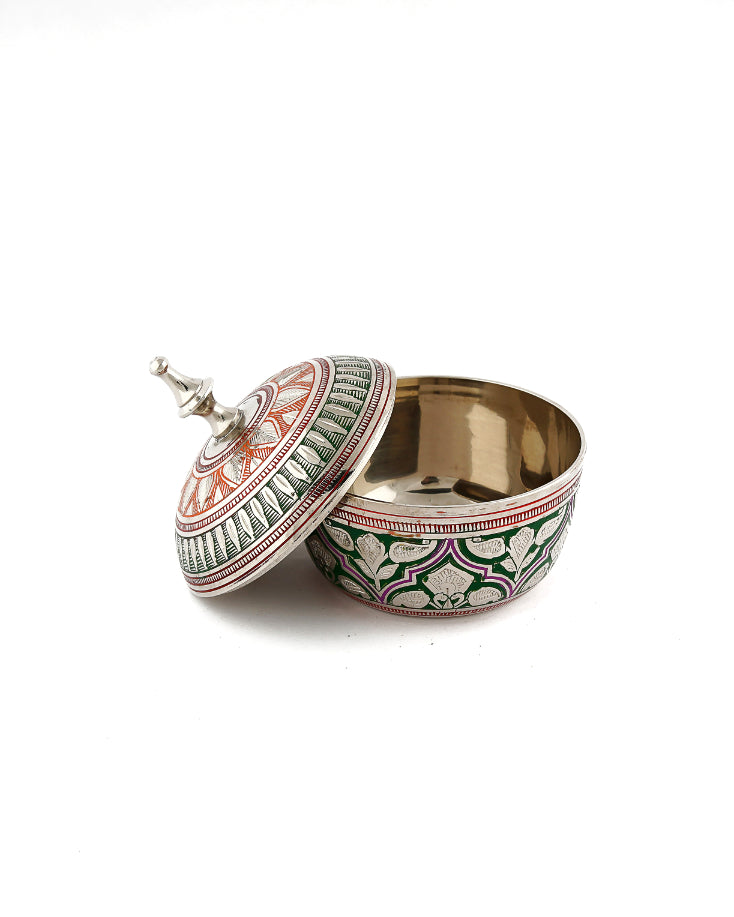 Brass Handcrafted Powder Box Round — 5 inch, Red
