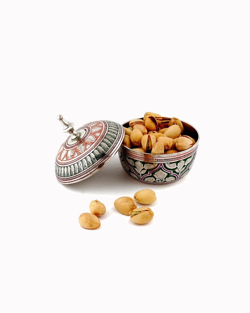 Brass Handcrafted Powder Box Round — 5 inch, Red