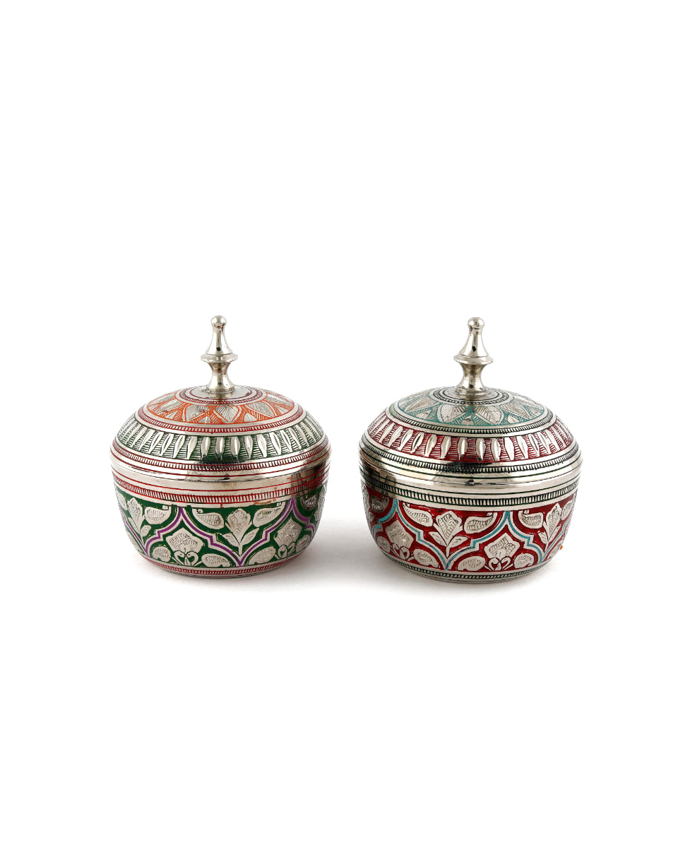 Brass Handcrafted Powder Box Round — 2.5 inch, Red