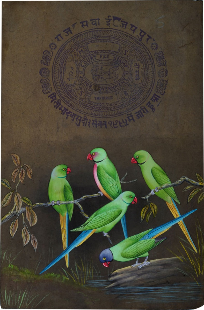 Parrots Painting on Old Stamp Paper (unframed) — false