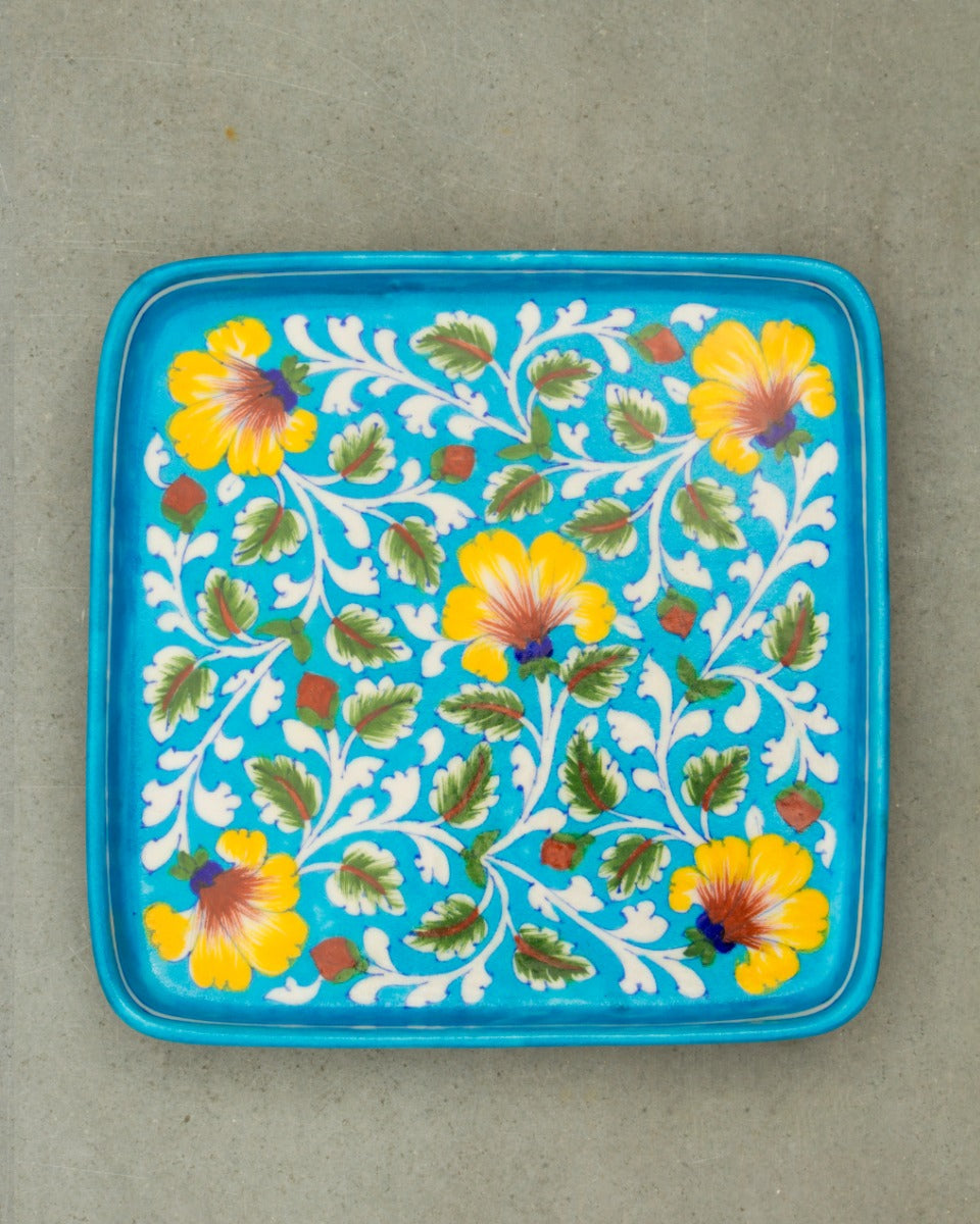 Handcrafted Blue Pottery Floral Design Serving Tray — false