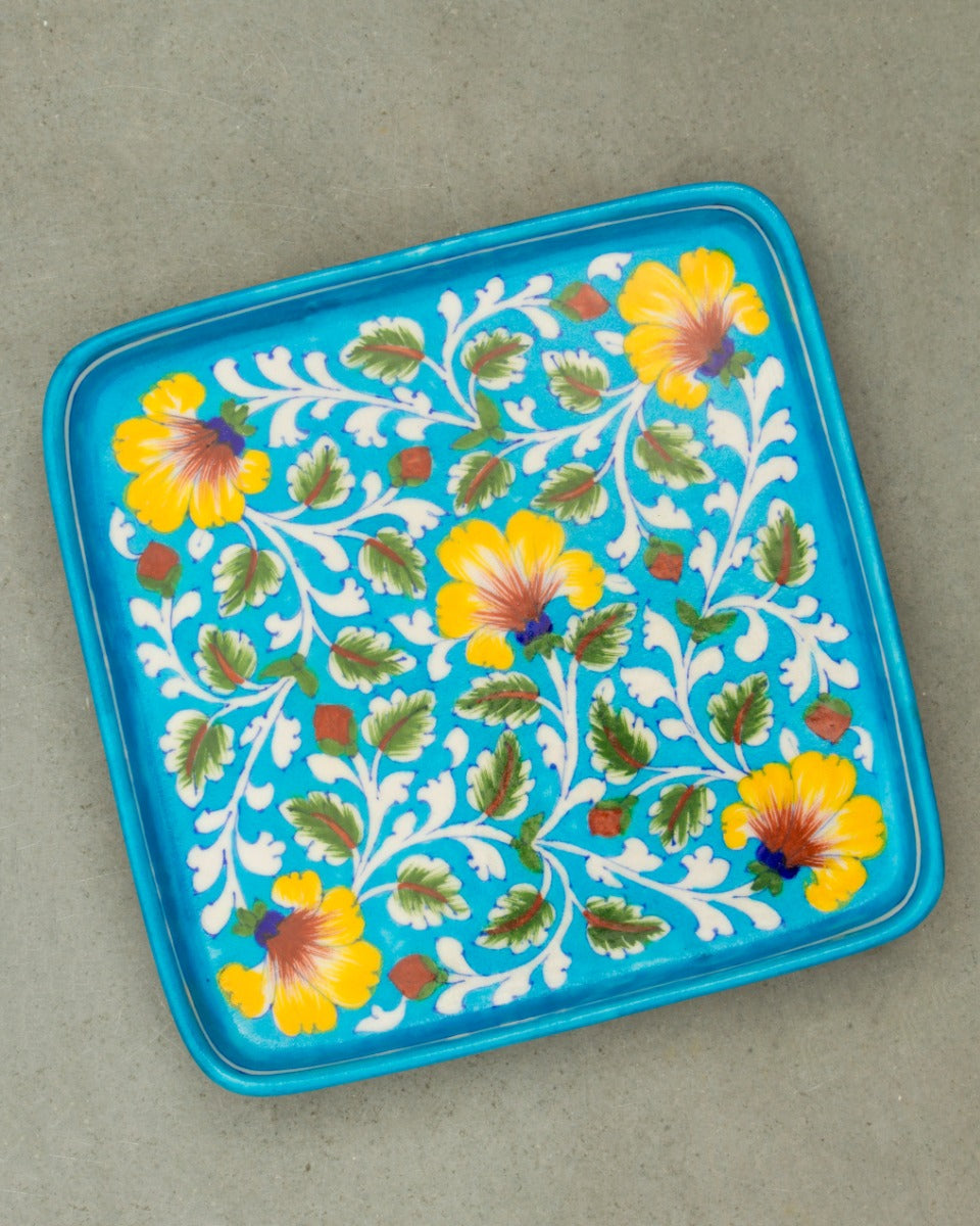 Handcrafted Blue Pottery Floral Design Serving Tray — false
