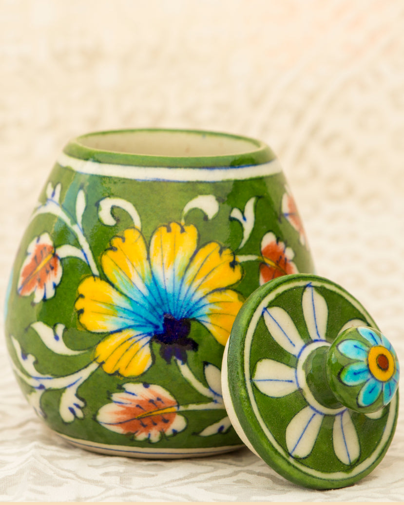 Blue Pottery- Handcrafted Green Sugar Pot — false