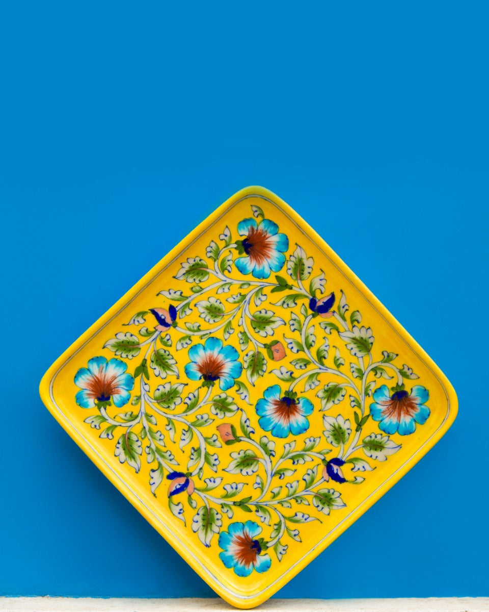 Blue Pottery Floral Design Tray- Yellow — false