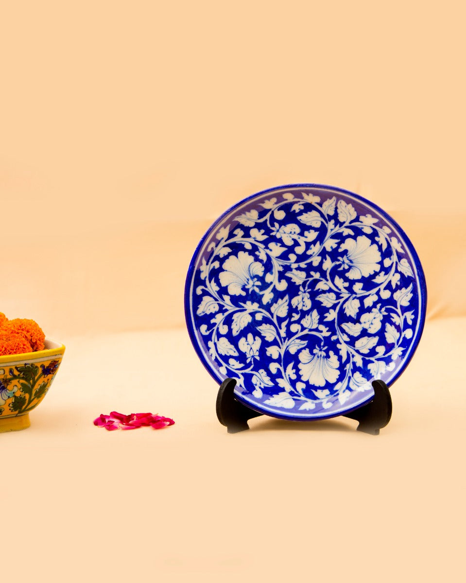 Blue Pottery- Handcrafted Plate(Blue & White) — With Stand