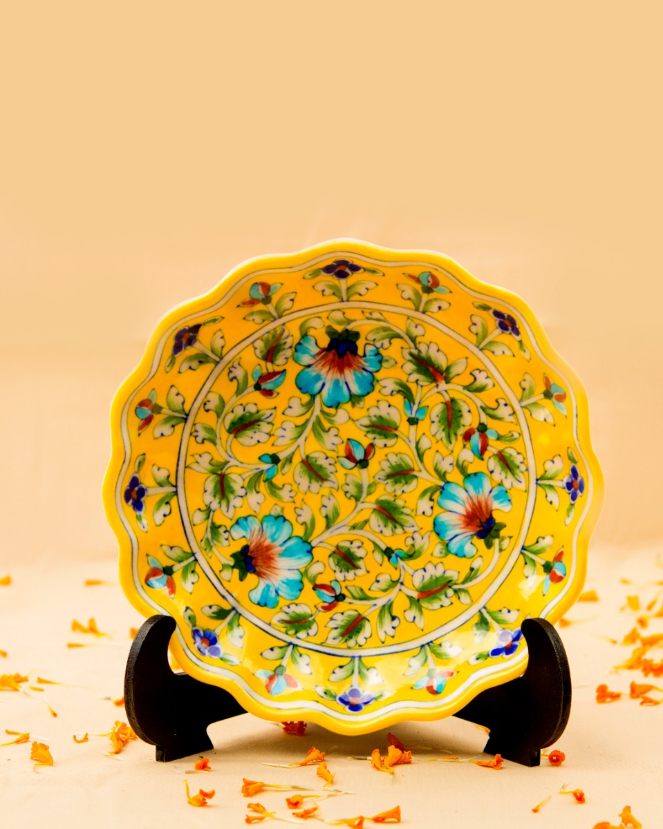 Blue Pottery Handcrafted Wall & Table D√©cor Plate(Yellow) — With Stand