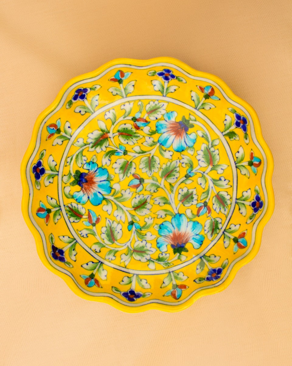 Blue Pottery Handcrafted Wall & Table D√©cor Plate(Yellow) — With Stand