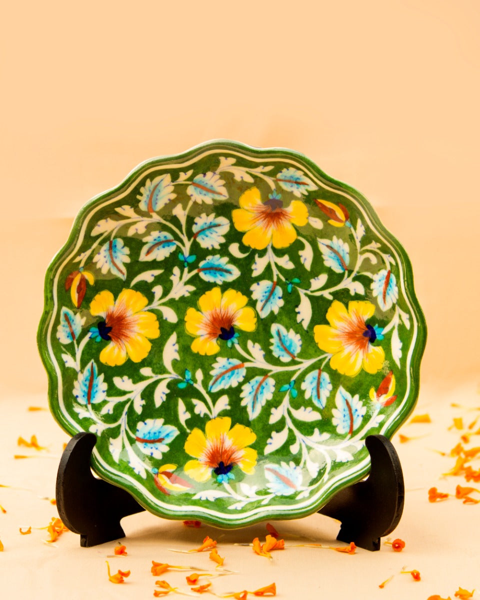Blue Pottery Handcrafted Decorative Plate Plate(Green) — Without Stand