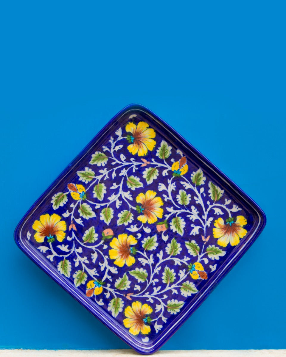 Blue Pottery Floral Design Tray- Blue — false