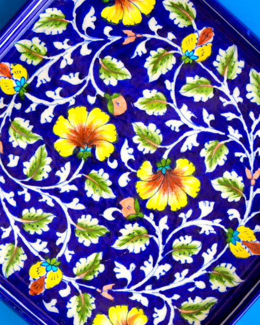 Blue Pottery Floral Design Tray- Blue — false