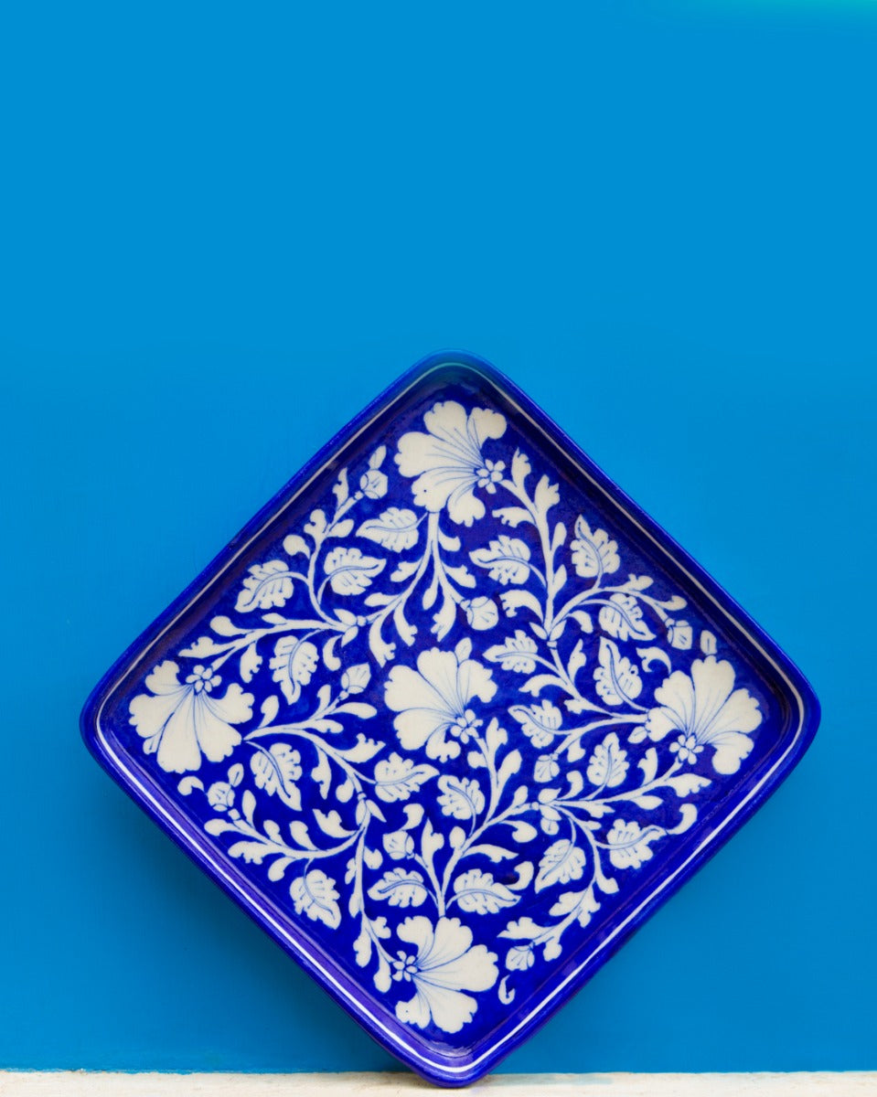 Blue Pottery Floral Design Serving Tray — false