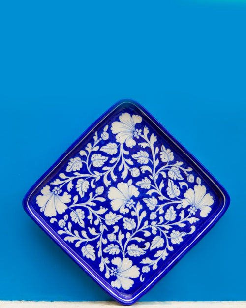 Blue Pottery Floral Design Serving Tray — false