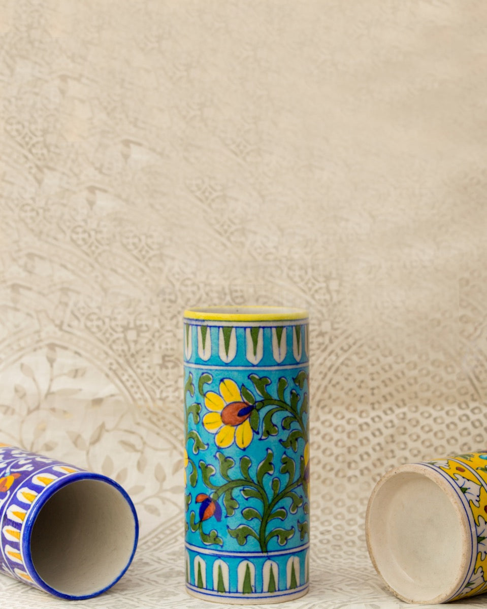 Blue Pottery- Handcrafted Cylindrical Vase(Yellow) — false
