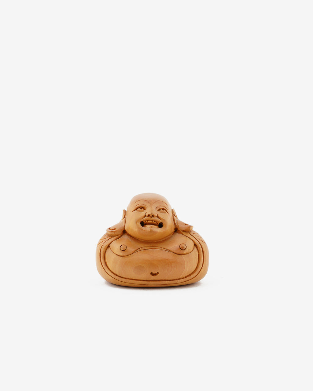 Laughing Buddha Wooden Handmade Sculpture — 2.5 inch, Brown