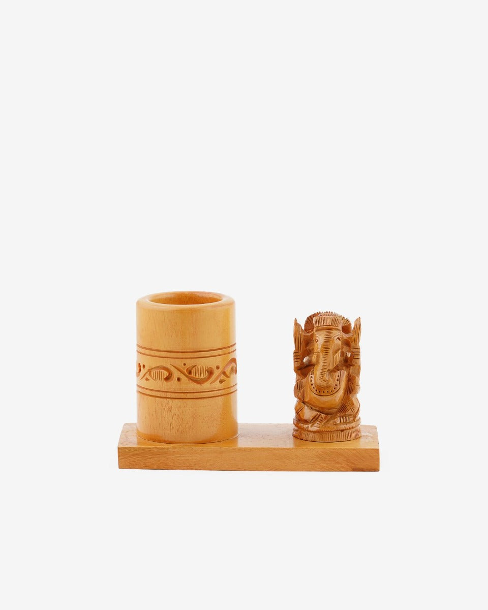 Handcrafted Wooden Pen Stand with Ganesh Figurine — false