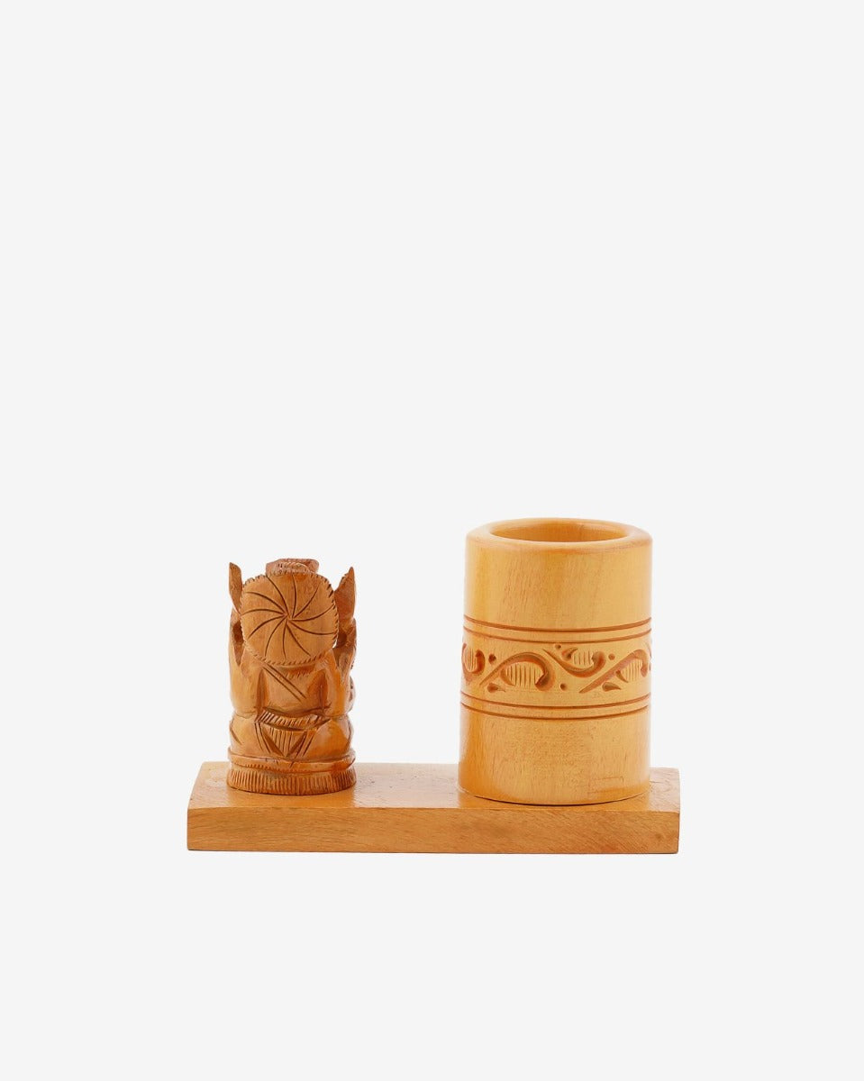 Handcrafted Wooden Pen Stand with Ganesh Figurine — false