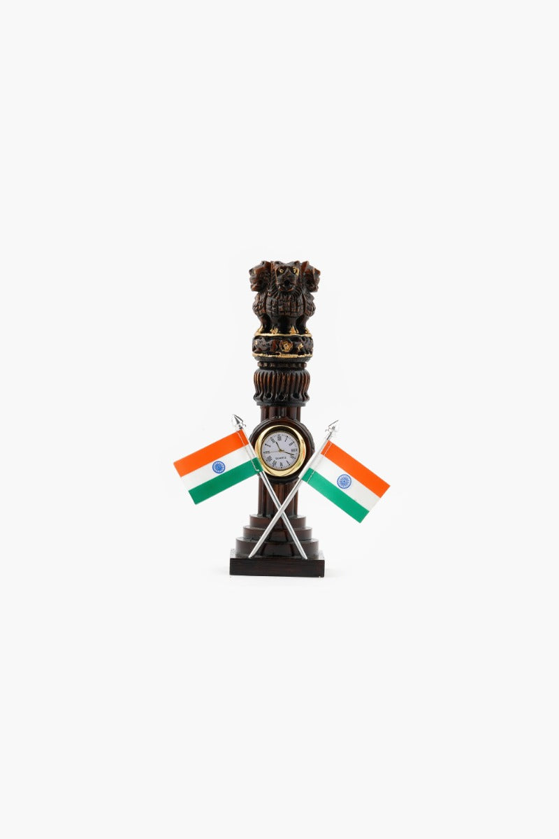 Hand-Carved Wooden "Ashok Stambh" with Watch — false