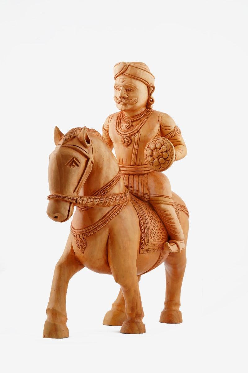 Maharana Pratap Hand-Carved Wooden Statue — false