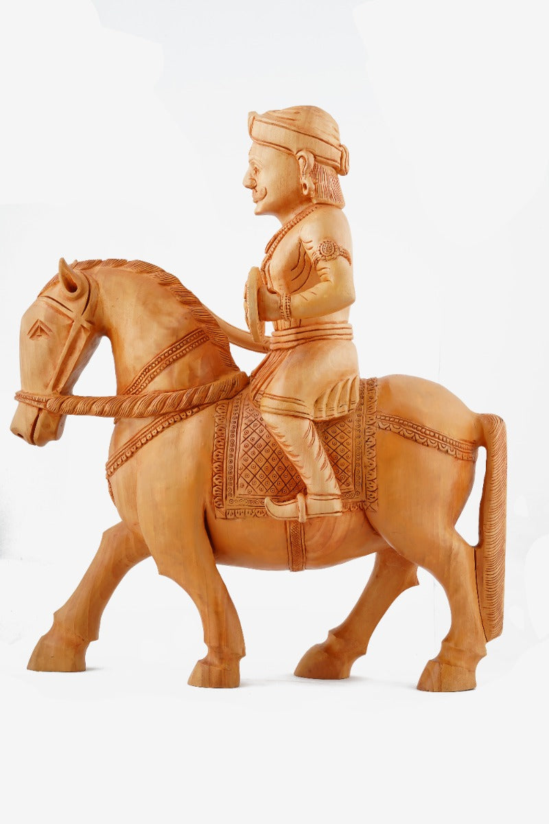Maharana Pratap Hand-Carved Wooden Statue — false