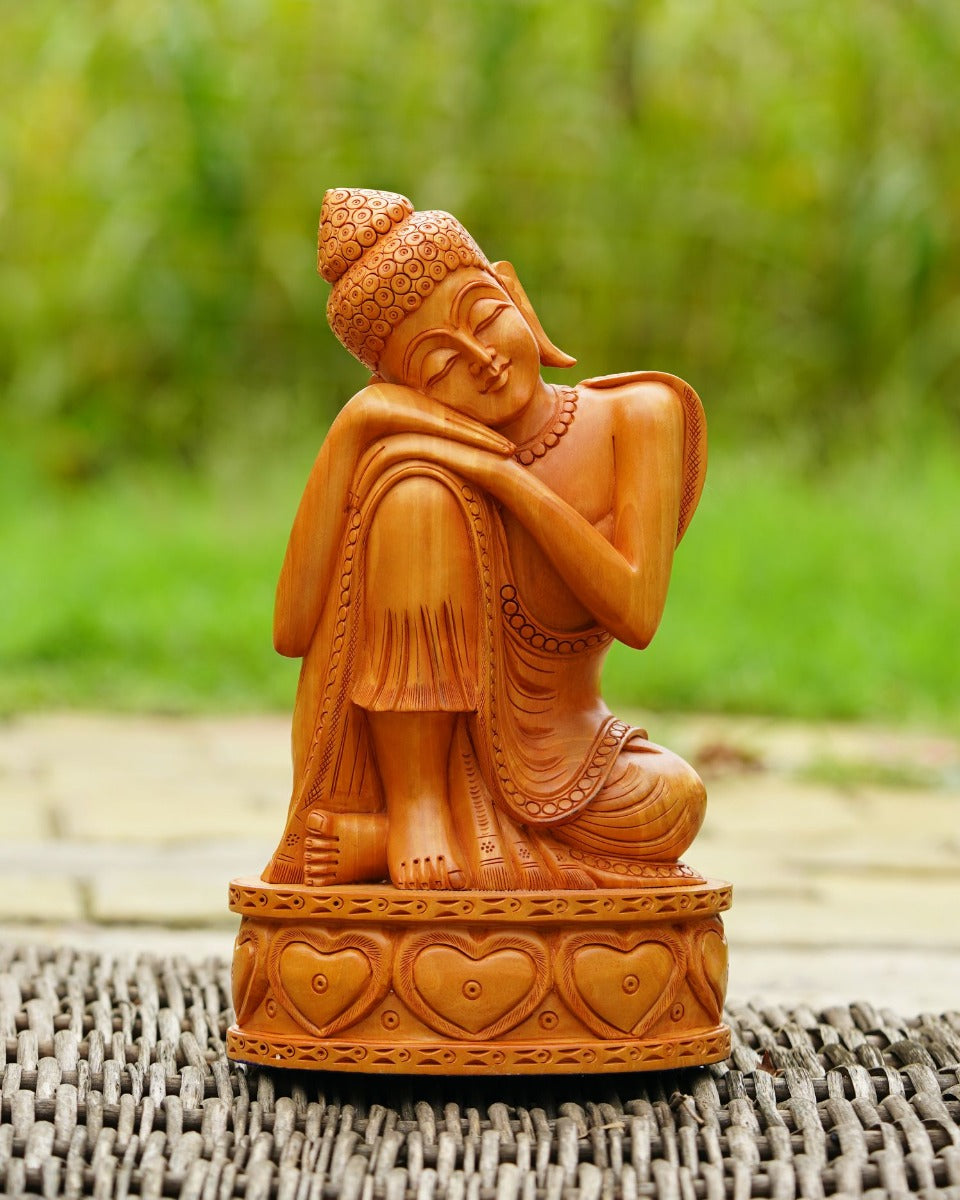 Hand-Carved Sitting Buddha Wooden Figurine — false