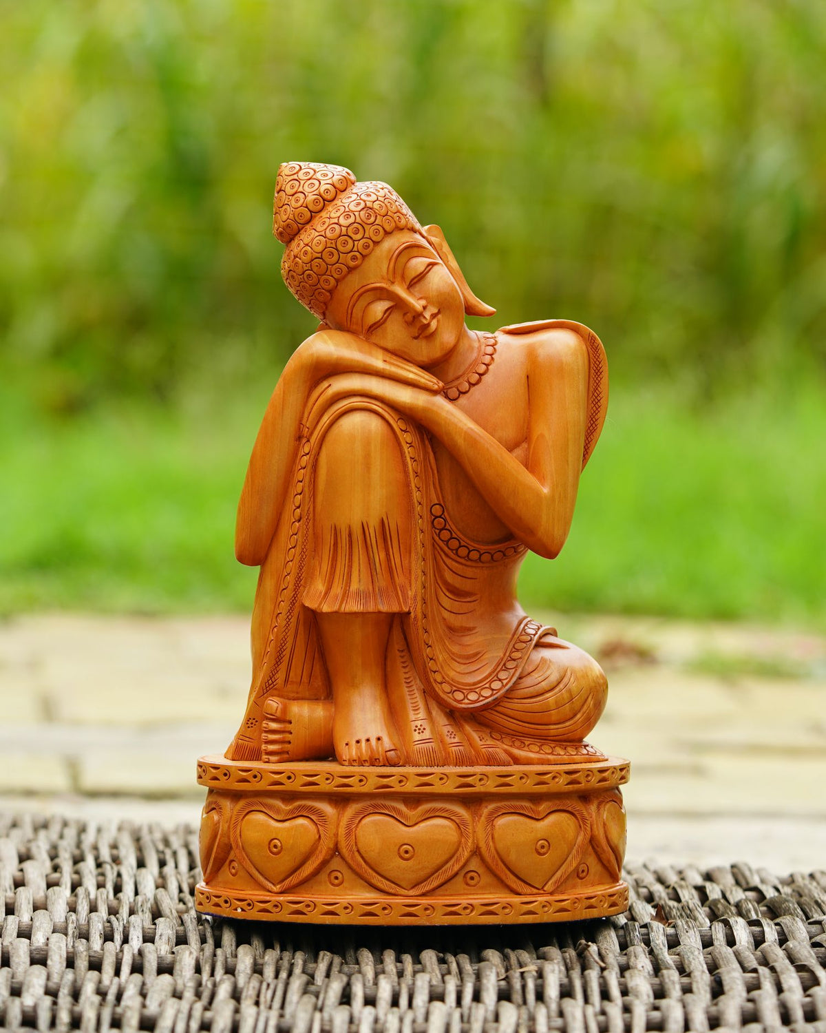 Hand-Carved Sitting Buddha Wooden Figurine — 10 inch