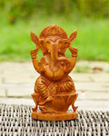 Hand-Carved Wooden Ganesh Statue - Wooden Handicraft — 6 inch, Brown