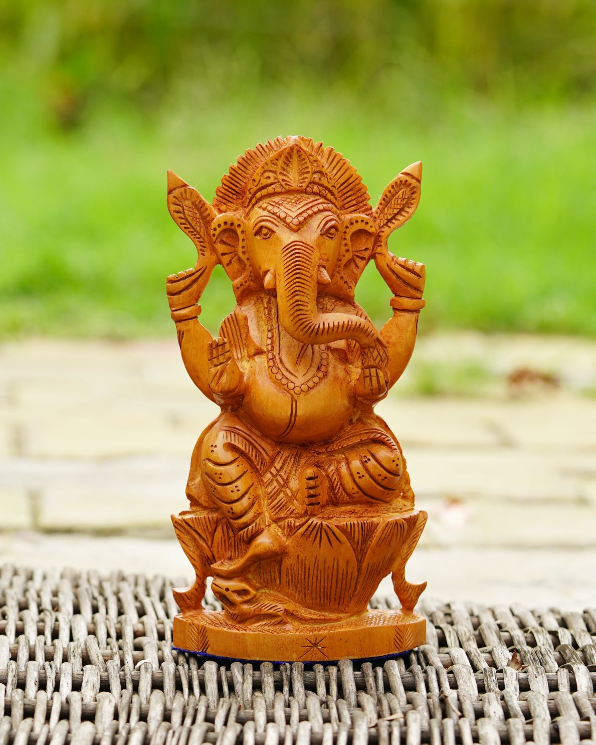 Hand-Carved Wooden Ganesh Statue - Wooden Handicraft — 6 inch, Brown