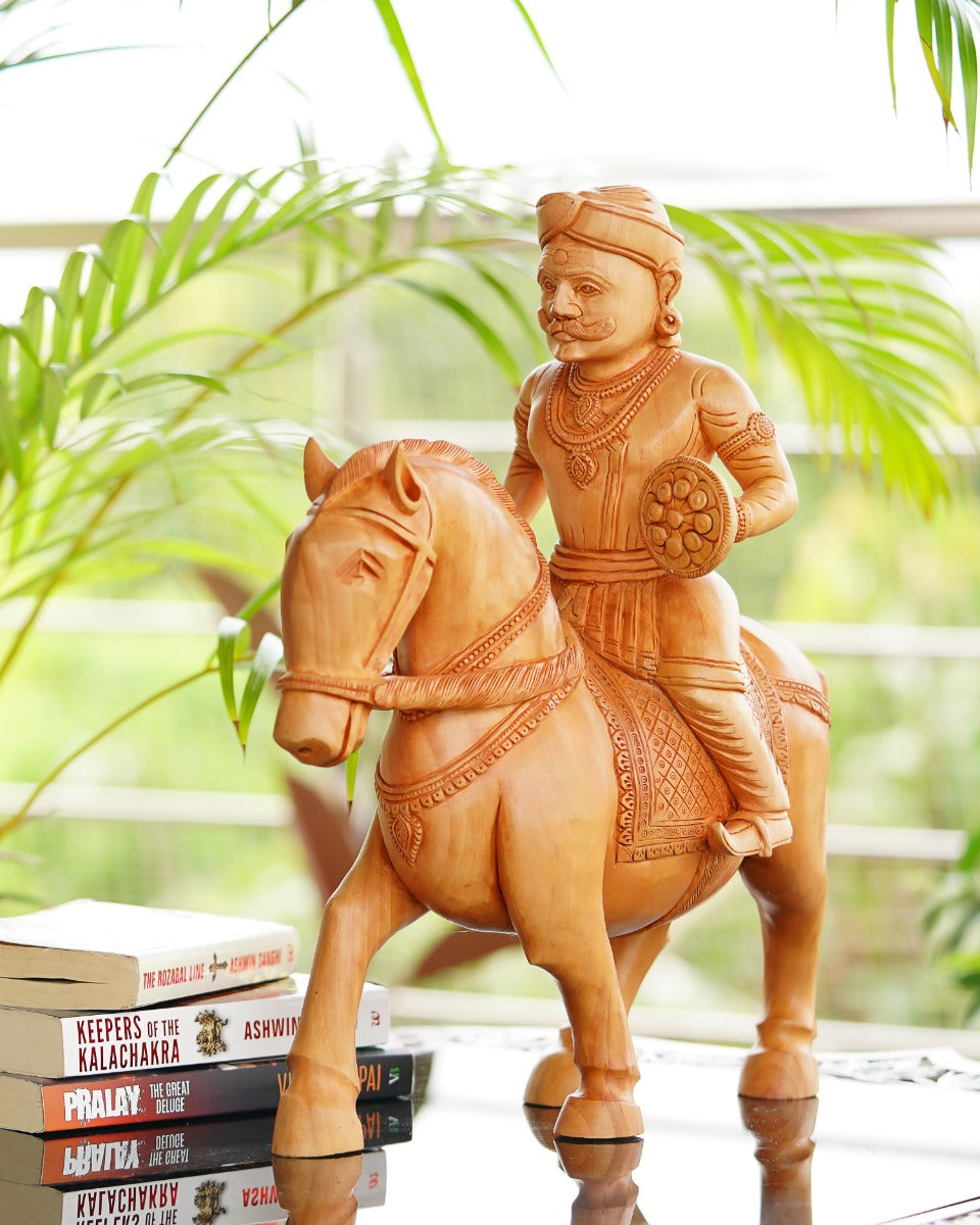 Maharana Pratap Hand-Carved Wooden Statue — false