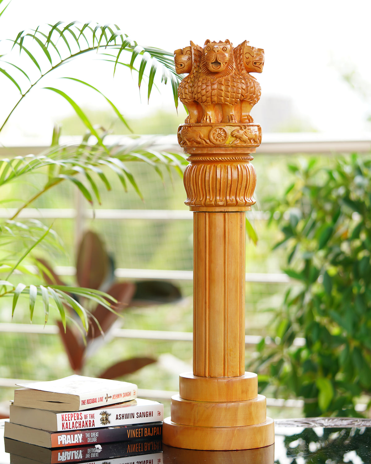 Ashok Stambh Hand-Carved Wooden Sculpture — 10 inch, Brown