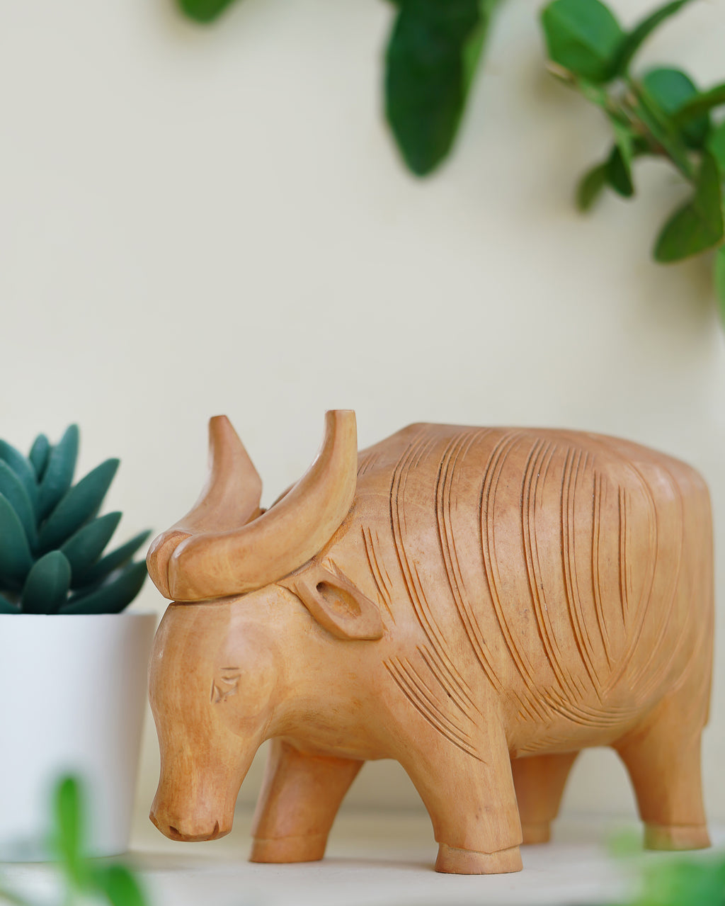 Hand Carved Bull Statue — 3 inch, Brown