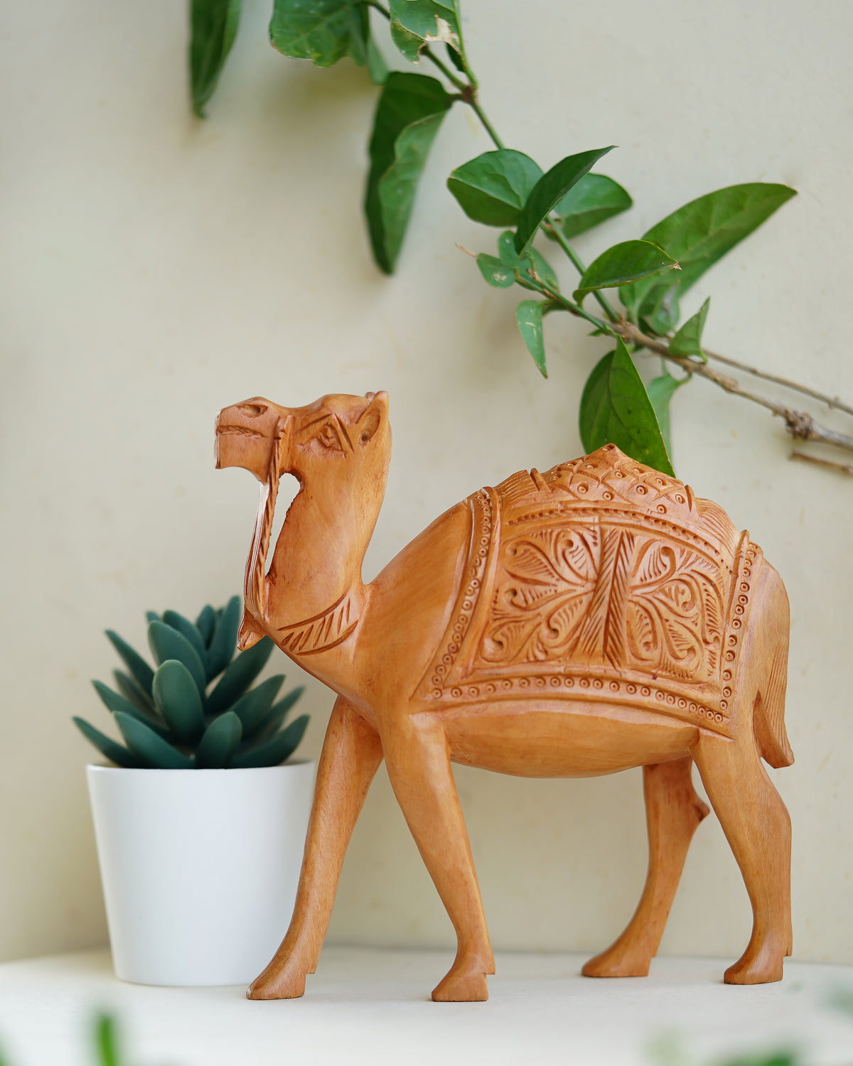 Wooden Carved Camel Sculpture 'Ship of the Desert' — 6 inch, Brown
