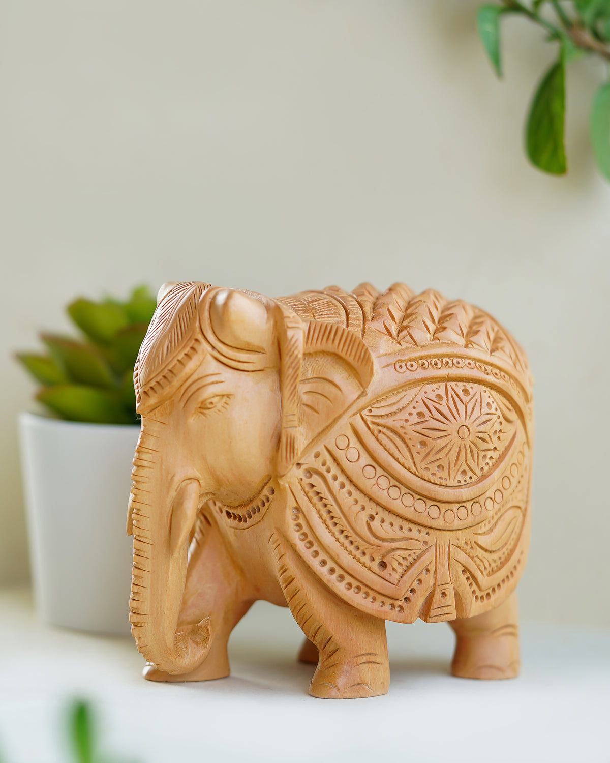 Beautiful Hand Carved Elephant Sculpture — 6 inch, Brown