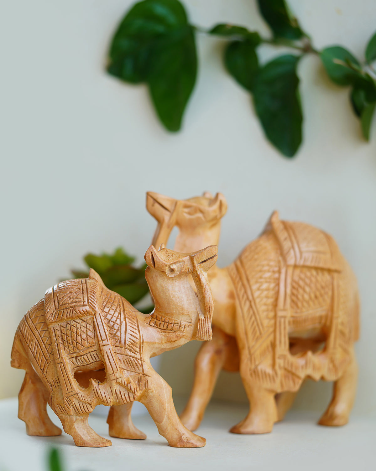 Hand-Carved Wooden Sculptures of Camel — 5 inch, Brown
