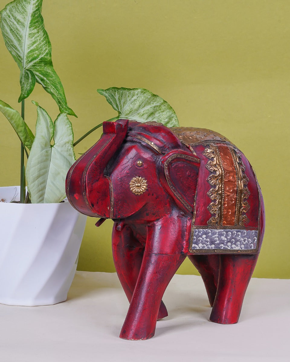 Elephant Trunk Up Hand-Painted Wooden Statue — false