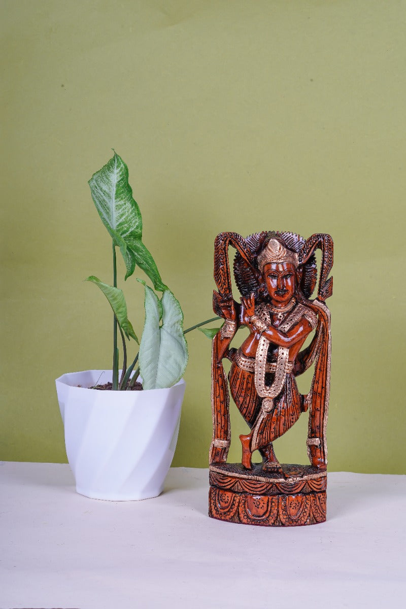 Lord Krishna Figurine Hand Carved Wooden Craft — false