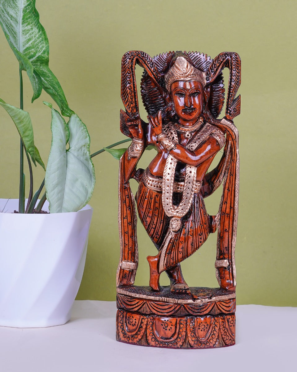 Lord Krishna Figurine Hand Carved Wooden Craft — false