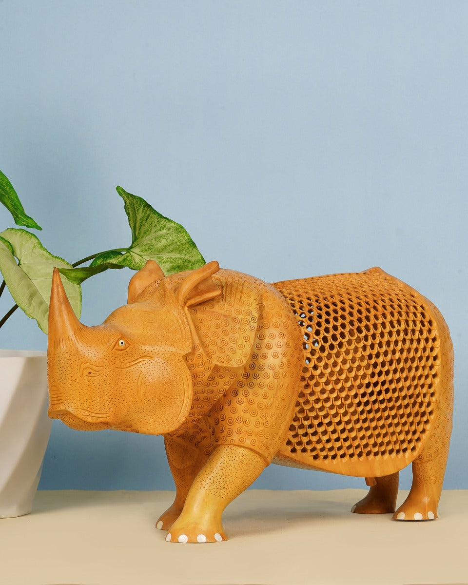 Handcrafted Rhinoceros Wooden Sculpture — false