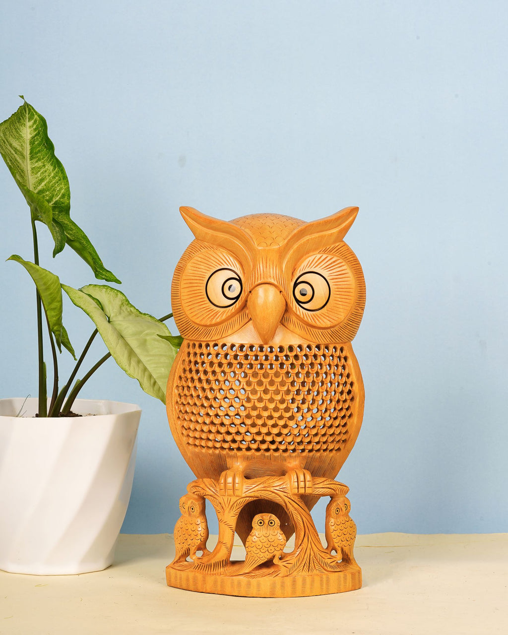 Kadam Wood Handcrafted Undercut Owl Figurine — 8 inch, Brown