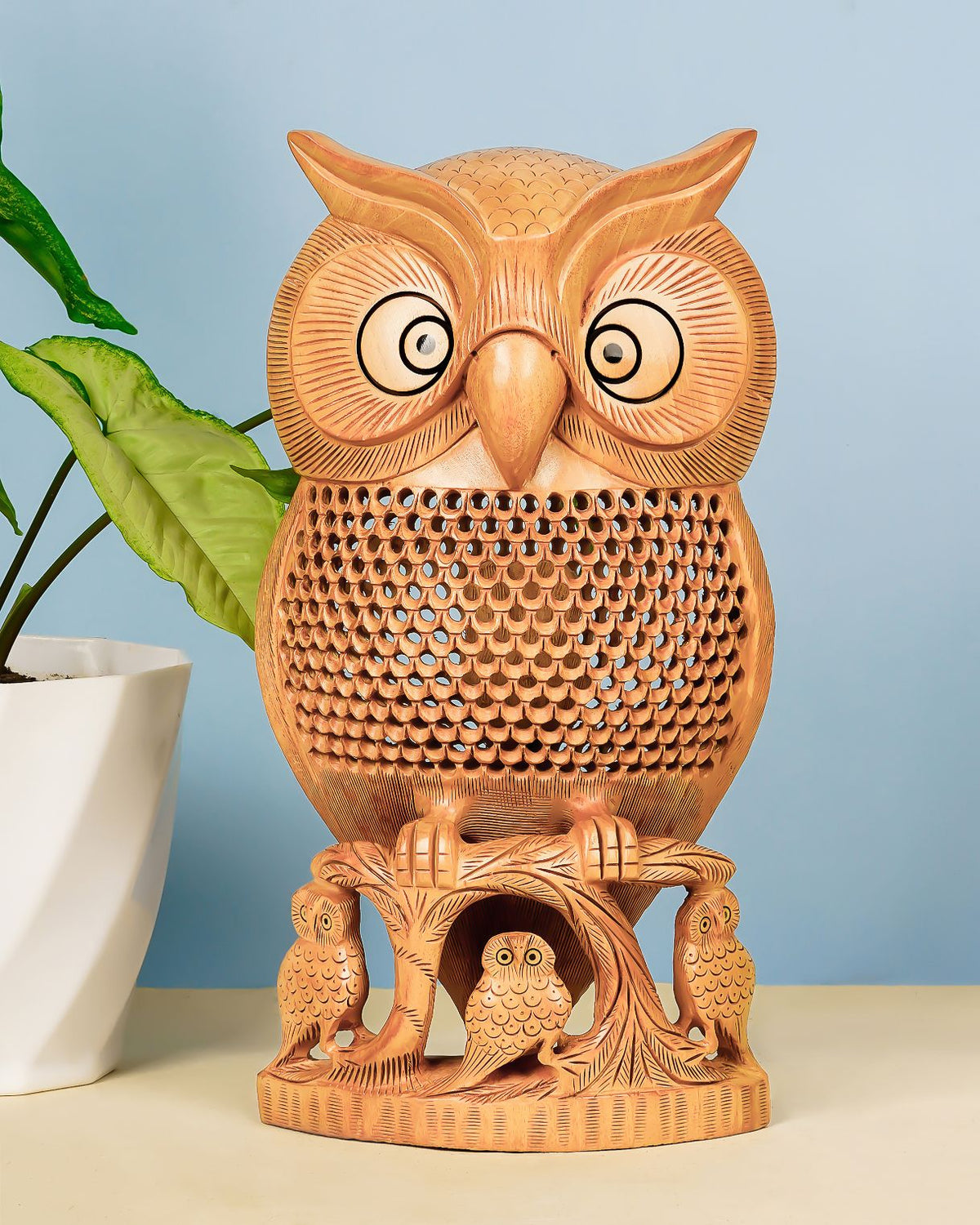 Kadam Wood Handcrafted Undercut Owl Figurine — 8 inch, Brown