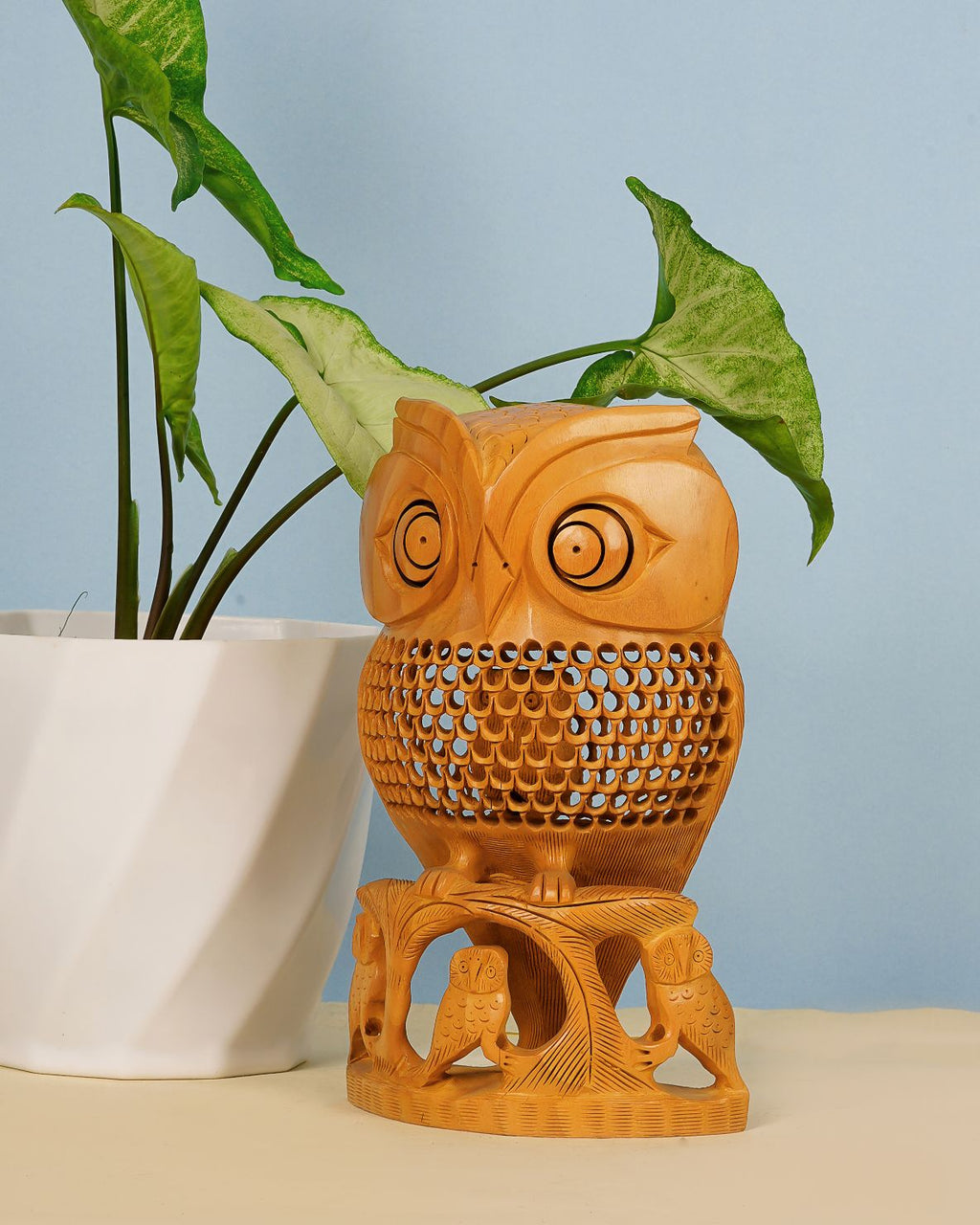 Kadam Wood Handcrafted Undercut Owl Figurine — 12 inch, Brown