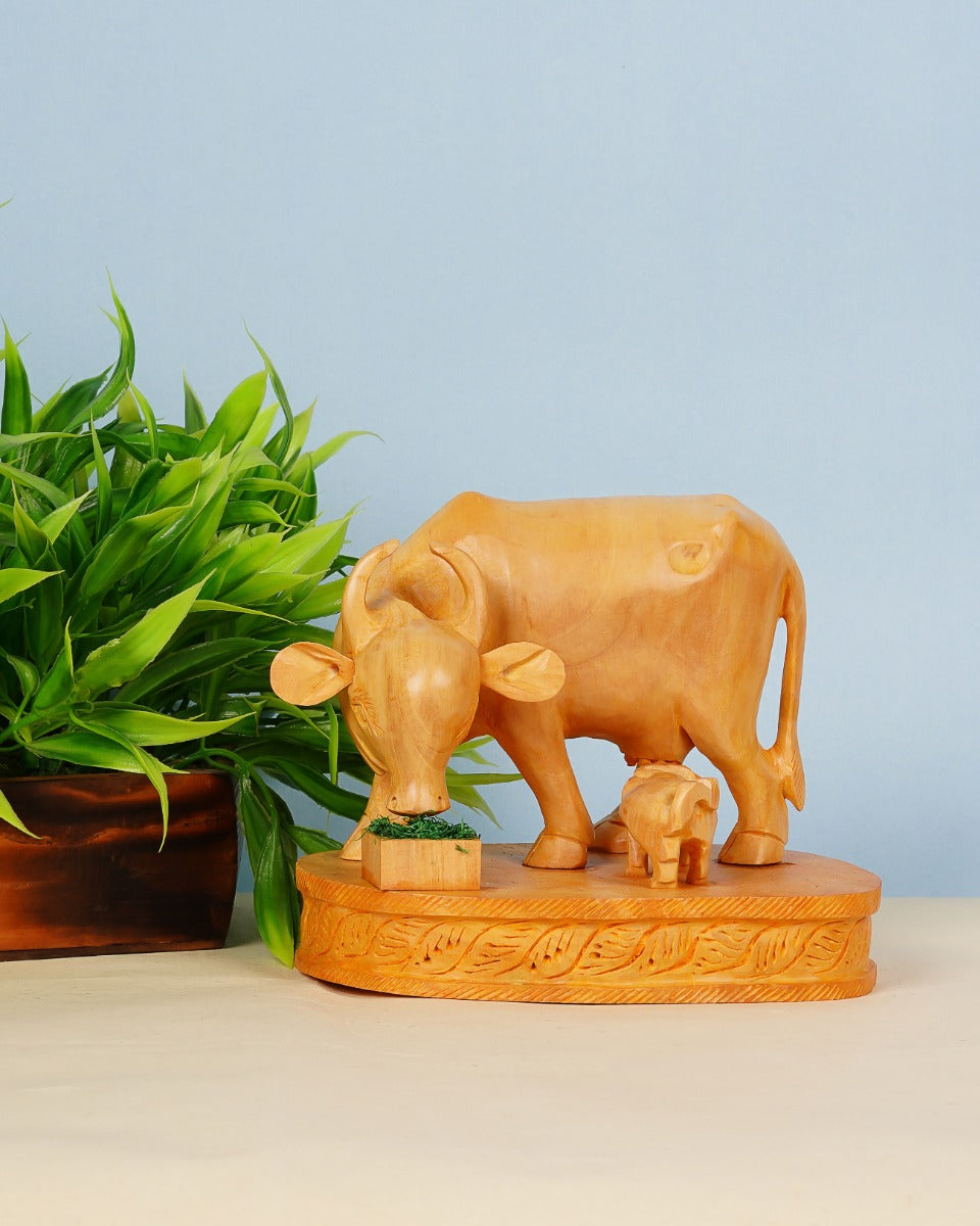 Wooden Hand-Carved Cow Statue — false
