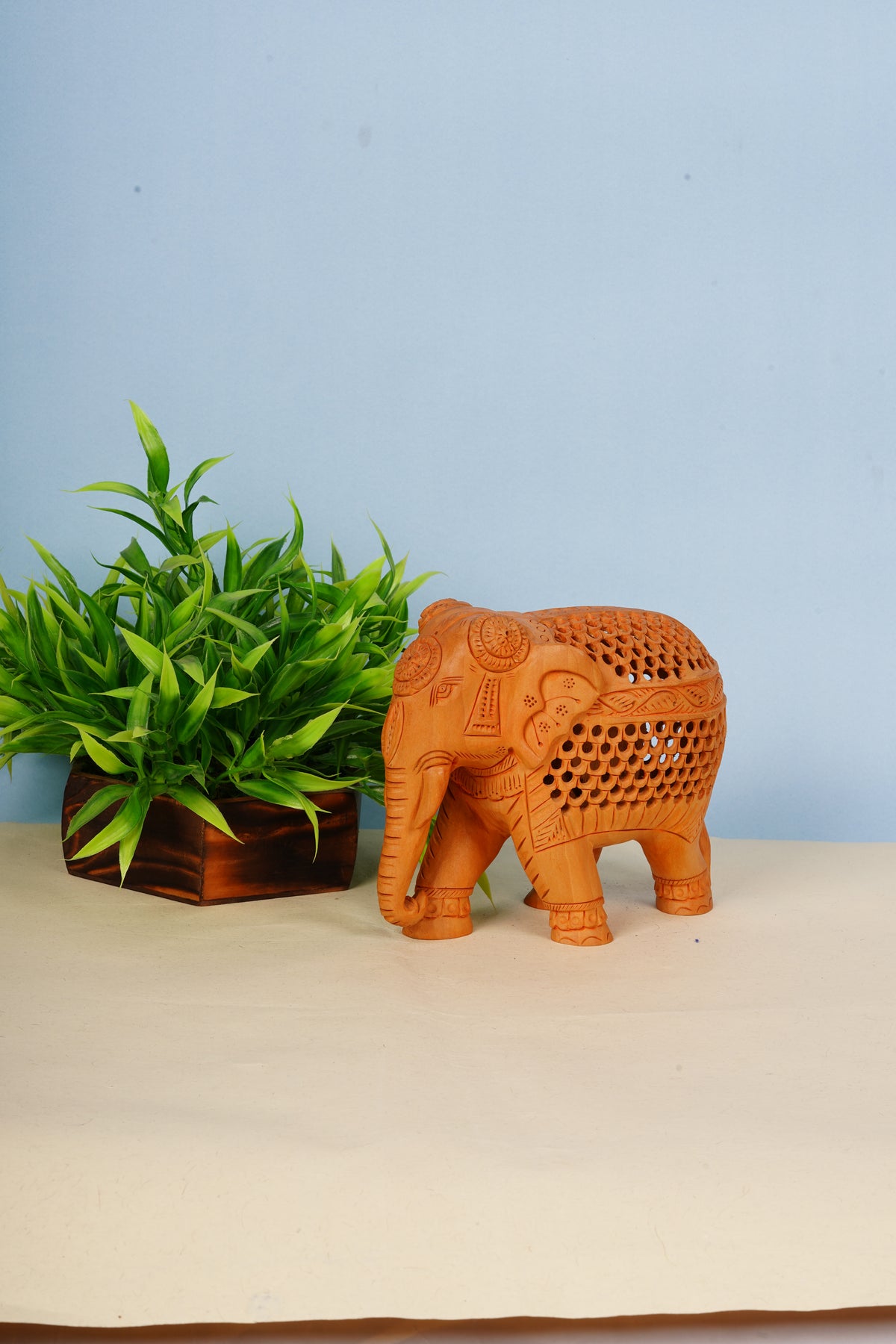 Elephant Undercut Wooden Sculpture — 3 inch, Brown