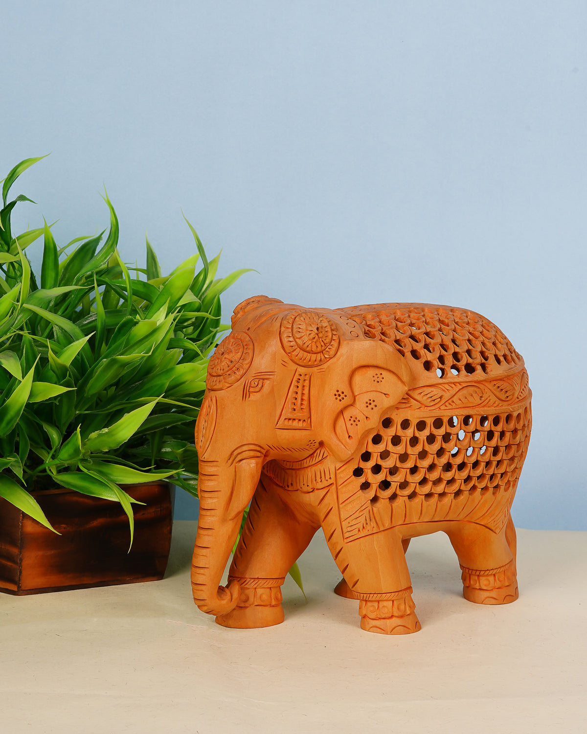 Elephant Undercut Wooden Sculpture — 3 inch, Brown