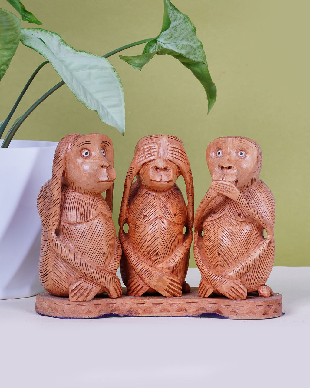 Hand-Carved Three Monkey Statue - Wooden Handicraft — 2.5 inch, Brown