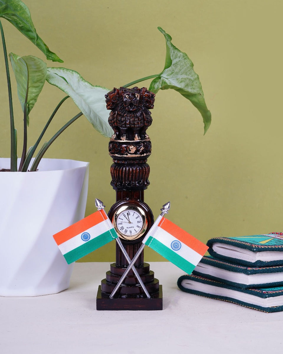 Hand-Carved Wooden "Ashok Stambh" with Watch — false